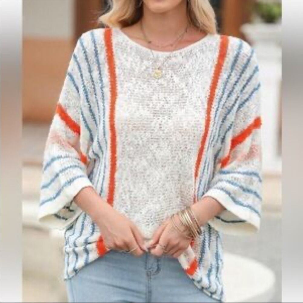 NWT Dokotoo Womens 3/4 Sleeve V Neck Loose Pullover Knit Sweater Striped 2X